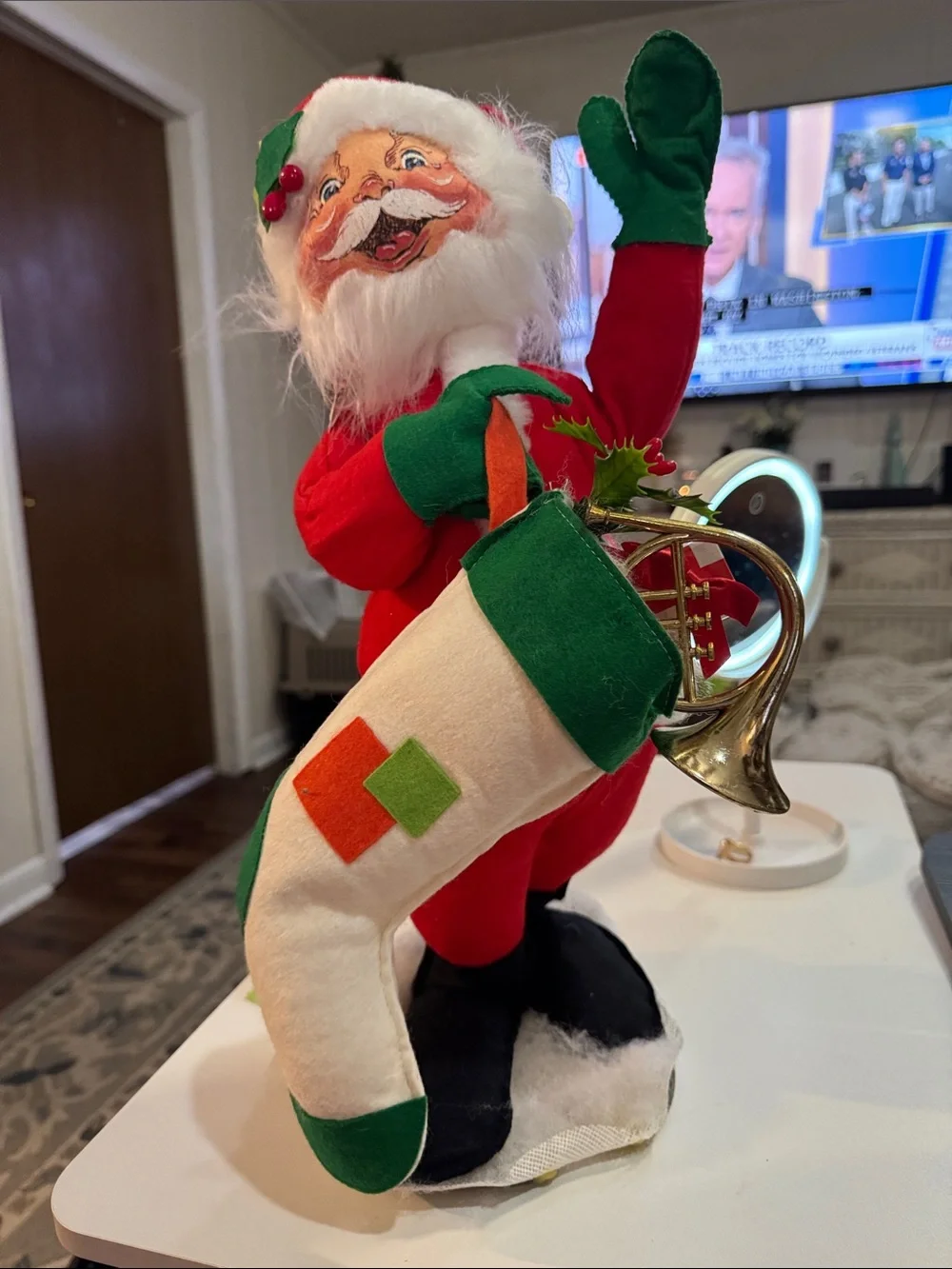 Annalee Red Santa Doll with Blue-Striped Apron and Green Toy Train